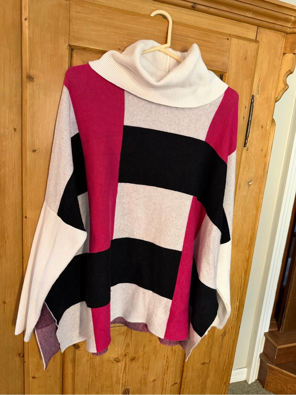 Sharon Young Colorblock Cowl Neck Sweater — Magenta, Black & Cream Lg/XL